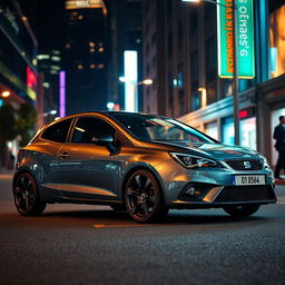 A sleek Seat Ibiza car in a city night setting, showcasing its elegant metallic gray color