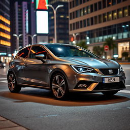 A sleek Seat Ibiza car in a city night setting, showcasing its elegant metallic gray color