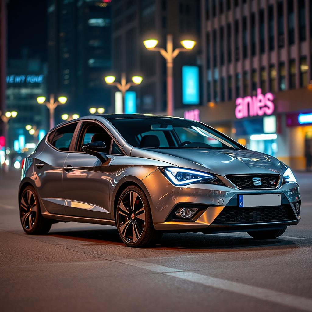 A sleek Seat Ibiza car in a city night setting, showcasing its elegant metallic gray color