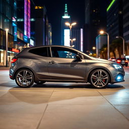 A sleek Seat Ibiza car in a city night setting, showcasing its elegant metallic gray color