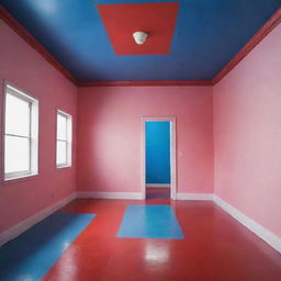 A room with pink walls, a blue floor, and a red ceiling