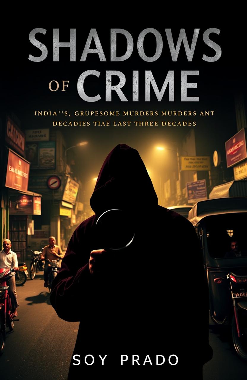 A realistic book cover for "Shadows of Crime: India's Gruesome Murders in the Last Three Decades" by Soy Prado