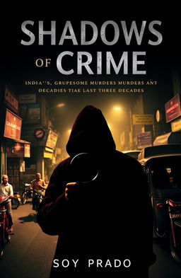 A realistic book cover for "Shadows of Crime: India's Gruesome Murders in the Last Three Decades" by Soy Prado