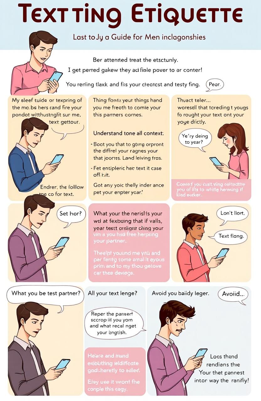 A guide to texting etiquette for men in relationships, featuring multi-panel illustrations