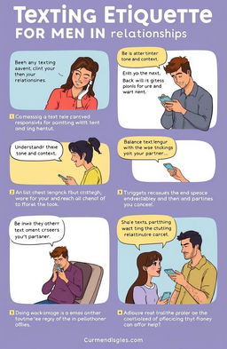 A guide to texting etiquette for men in relationships, featuring multi-panel illustrations