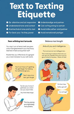 A guide to texting etiquette for men in relationships, featuring multi-panel illustrations