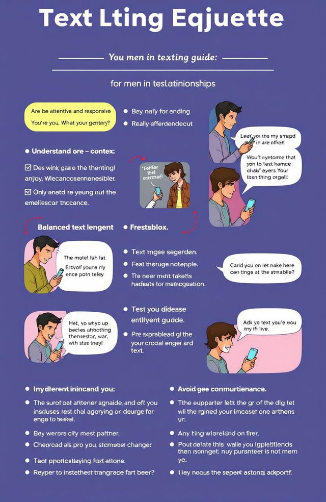 A guide to texting etiquette for men in relationships, featuring multi-panel illustrations