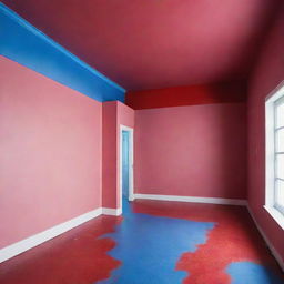 A room with pink walls, a blue floor, and a red ceiling