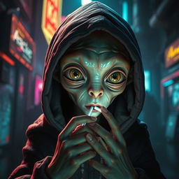 A humanlike young alien in a hooded cloak engaged in the act of taking a drug