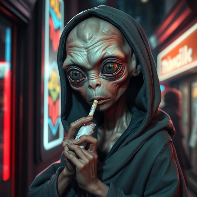 A humanlike young alien in a hooded cloak engaged in the act of taking a drug