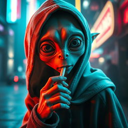 A humanlike young alien in a hooded cloak engaged in the act of taking a drug