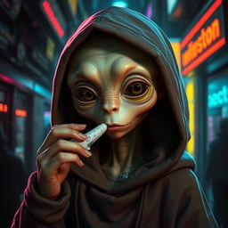 A humanlike young alien in a hooded cloak engaged in the act of taking a drug