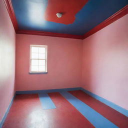 A room with pink walls, a blue floor, and a red ceiling