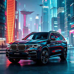 A sleek and stylish BMW X5 positioned in a futuristic modern city setting