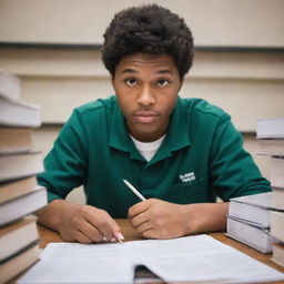 A high school student sitting at a desk, engrossed in studying. The student is surrounded by textbooks and notebooks, highlighting their diligence and dedication to academia.