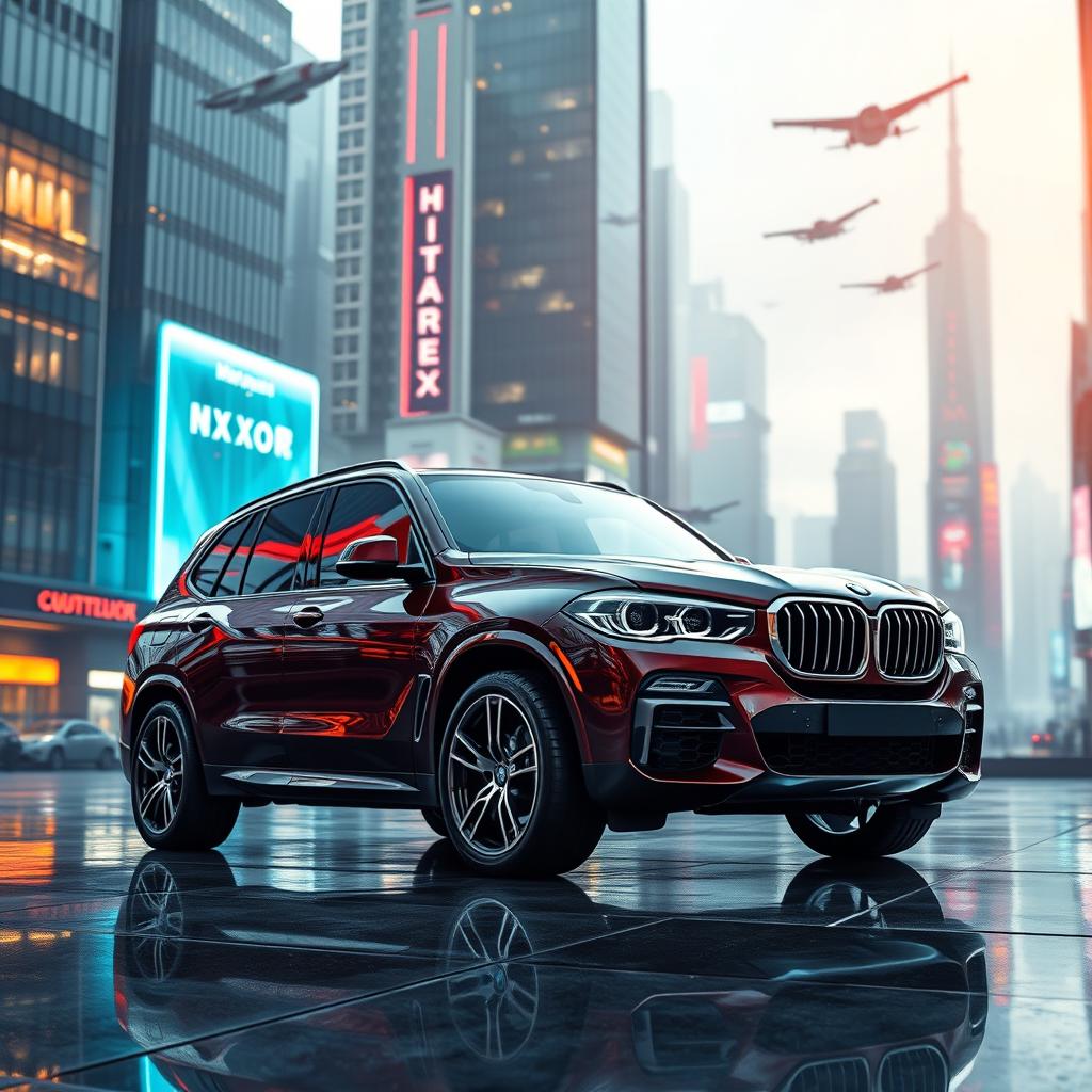 A sleek and stylish BMW X5 positioned in a futuristic modern city setting