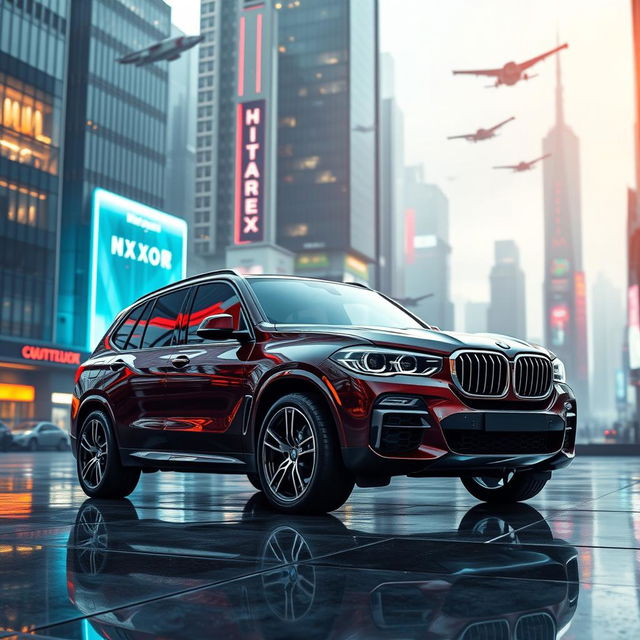 A sleek and stylish BMW X5 positioned in a futuristic modern city setting