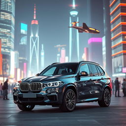 A sleek and stylish BMW X5 positioned in a futuristic modern city setting