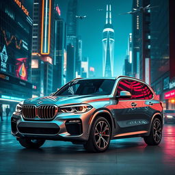 A sleek and stylish BMW X5 positioned in a futuristic modern city setting