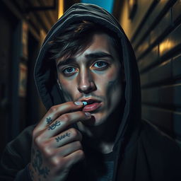 A young man with a slightly tattooed face, wearing a hood, engaged in the act of taking a drug