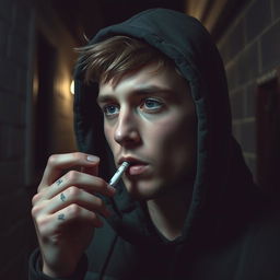 A young man with a slightly tattooed face, wearing a hood, engaged in the act of taking a drug