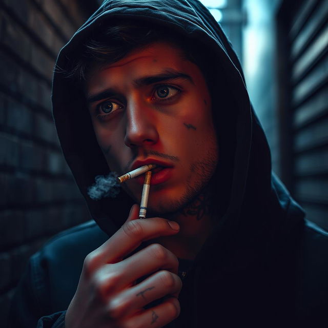 A young man with a slightly tattooed face, wearing a hood, engaged in the act of taking a drug