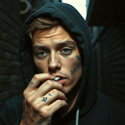 A young man with a slightly tattooed face, wearing a hood, engaged in the act of taking a drug