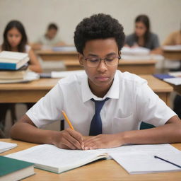 A high school student sitting at a desk, engrossed in studying. The student is surrounded by textbooks and notebooks, highlighting their diligence and dedication to academia.