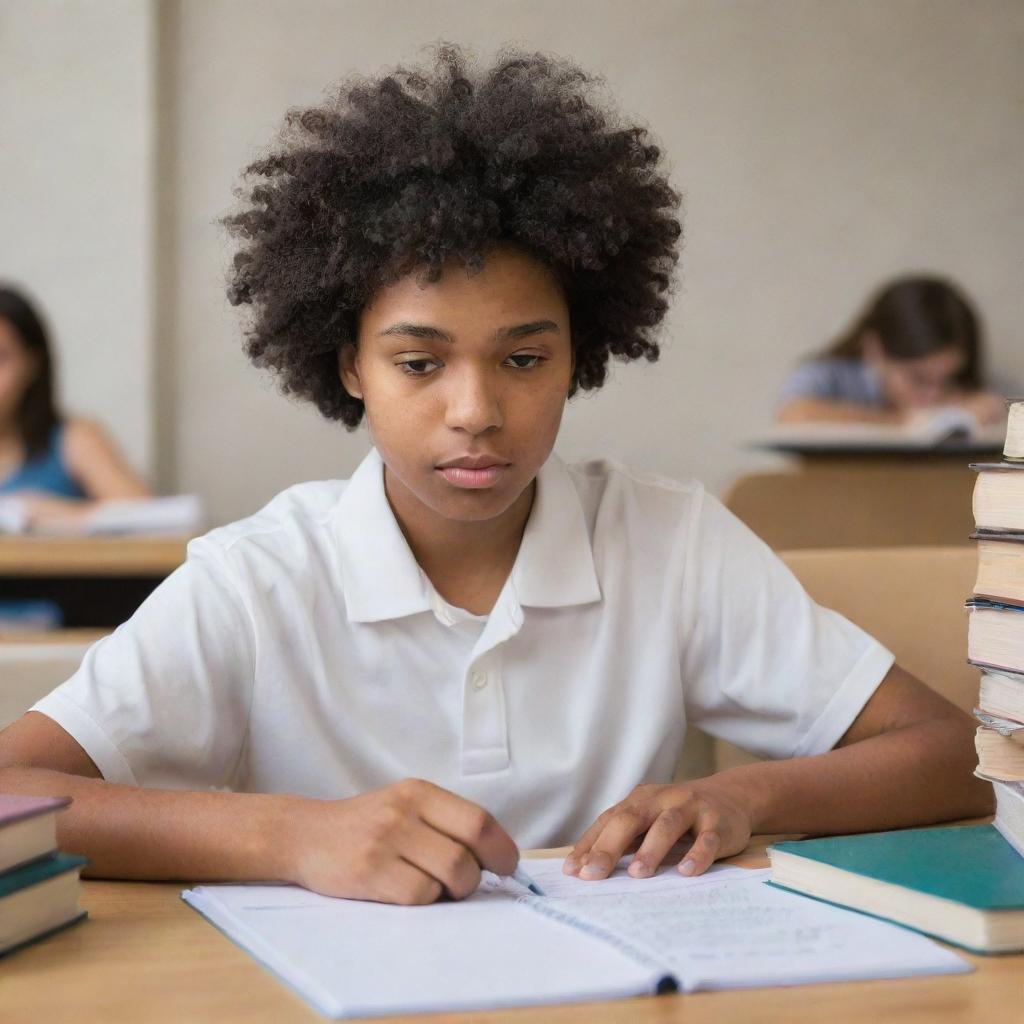 A high school student sitting at a desk, engrossed in studying. The student is surrounded by textbooks and notebooks, highlighting their diligence and dedication to academia.