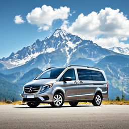 A luxurious Mercedes V-Class minivan parked majestically in a serene mountainous location