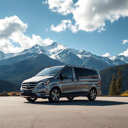 A luxurious Mercedes V-Class minivan parked majestically in a serene mountainous location