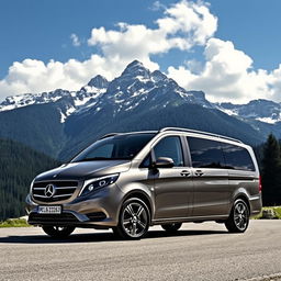 A luxurious Mercedes V-Class minivan parked majestically in a serene mountainous location