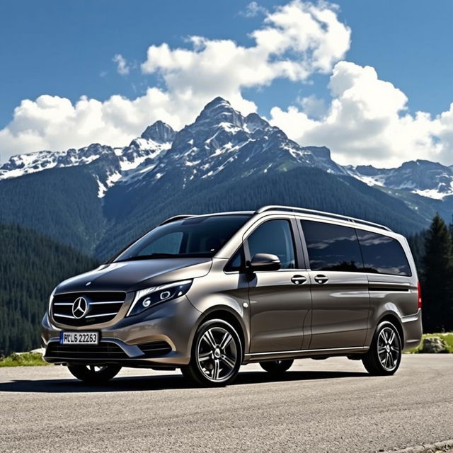 A luxurious Mercedes V-Class minivan parked majestically in a serene mountainous location