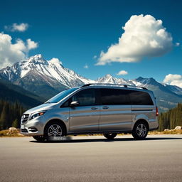 A luxurious Mercedes V-Class minivan parked majestically in a serene mountainous location