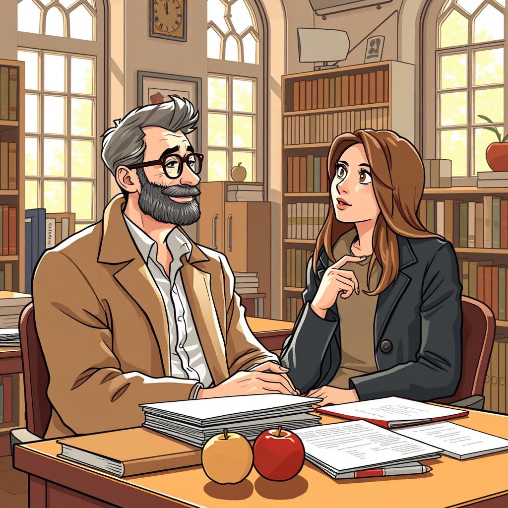 An imaginative scene illustrating a Reddit-style story about a teacher and student having an interesting conversation after class, with thoughtful expressions and an emphasis on their friendly relationship