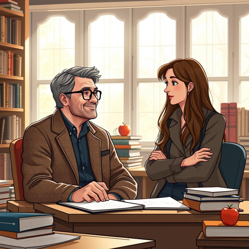 An imaginative scene illustrating a Reddit-style story about a teacher and student having an interesting conversation after class, with thoughtful expressions and an emphasis on their friendly relationship