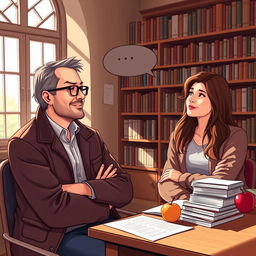 An imaginative scene illustrating a Reddit-style story about a teacher and student having an interesting conversation after class, with thoughtful expressions and an emphasis on their friendly relationship