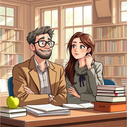 An imaginative scene illustrating a Reddit-style story about a teacher and student having an interesting conversation after class, with thoughtful expressions and an emphasis on their friendly relationship