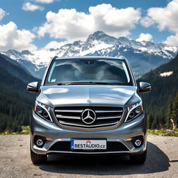 A luxurious Mercedes V-Class minivan parked majestically in a serene mountainous location