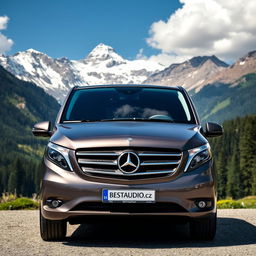 A luxurious Mercedes V-Class minivan parked majestically in a serene mountainous location