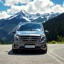 A luxurious Mercedes V-Class minivan parked majestically in a serene mountainous location