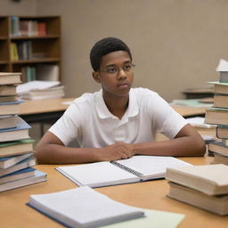 A high school student sitting at a desk, engrossed in studying. The student is surrounded by textbooks and notebooks, highlighting their diligence and dedication to academia.