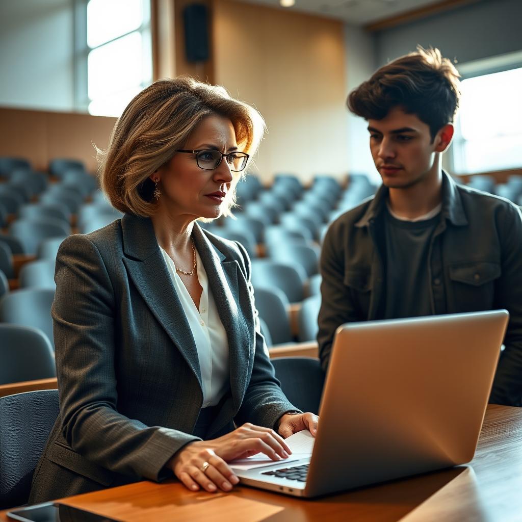 A highly dramatic and intense scene of a professor having an academic discussion with a student