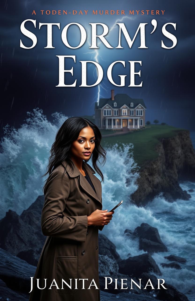 Book cover design for a modern-day murder mystery novel titled "Storm's Edge" by Juanita Pienaar