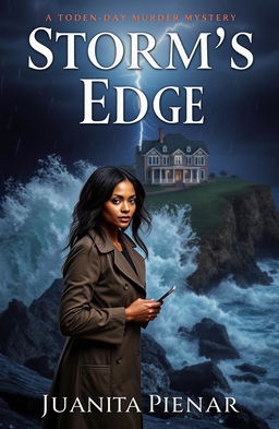 Book cover design for a modern-day murder mystery novel titled "Storm's Edge" by Juanita Pienaar