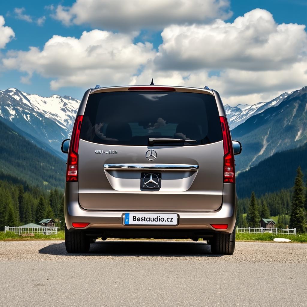 A luxurious Mercedes V-Class minivan parked majestically in a serene mountainous location