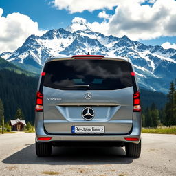 A luxurious Mercedes V-Class minivan parked majestically in a serene mountainous location