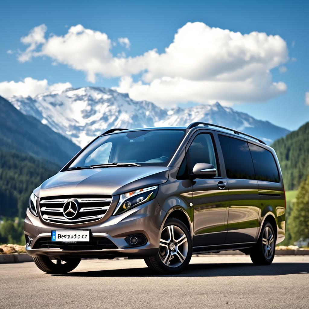 A luxurious Mercedes V-Class minivan parked majestically in a serene mountainous location