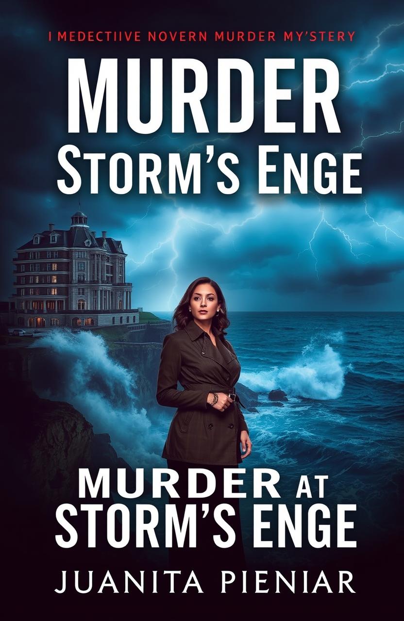 A captivating book cover for a modern murder mystery titled 'Murder at Storm's Edge' by Juanita Pienaar