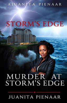 A captivating book cover for a modern murder mystery titled 'Murder at Storm's Edge' by Juanita Pienaar